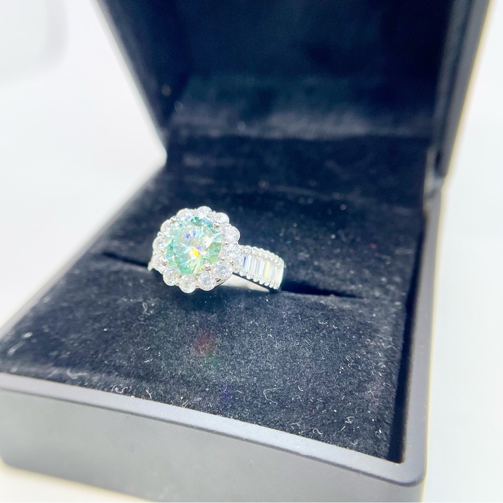 Moissanite Halo Ring Aqua Blue Center & Baguette Accents 18K White Gold Finish - Picture 11 of 16